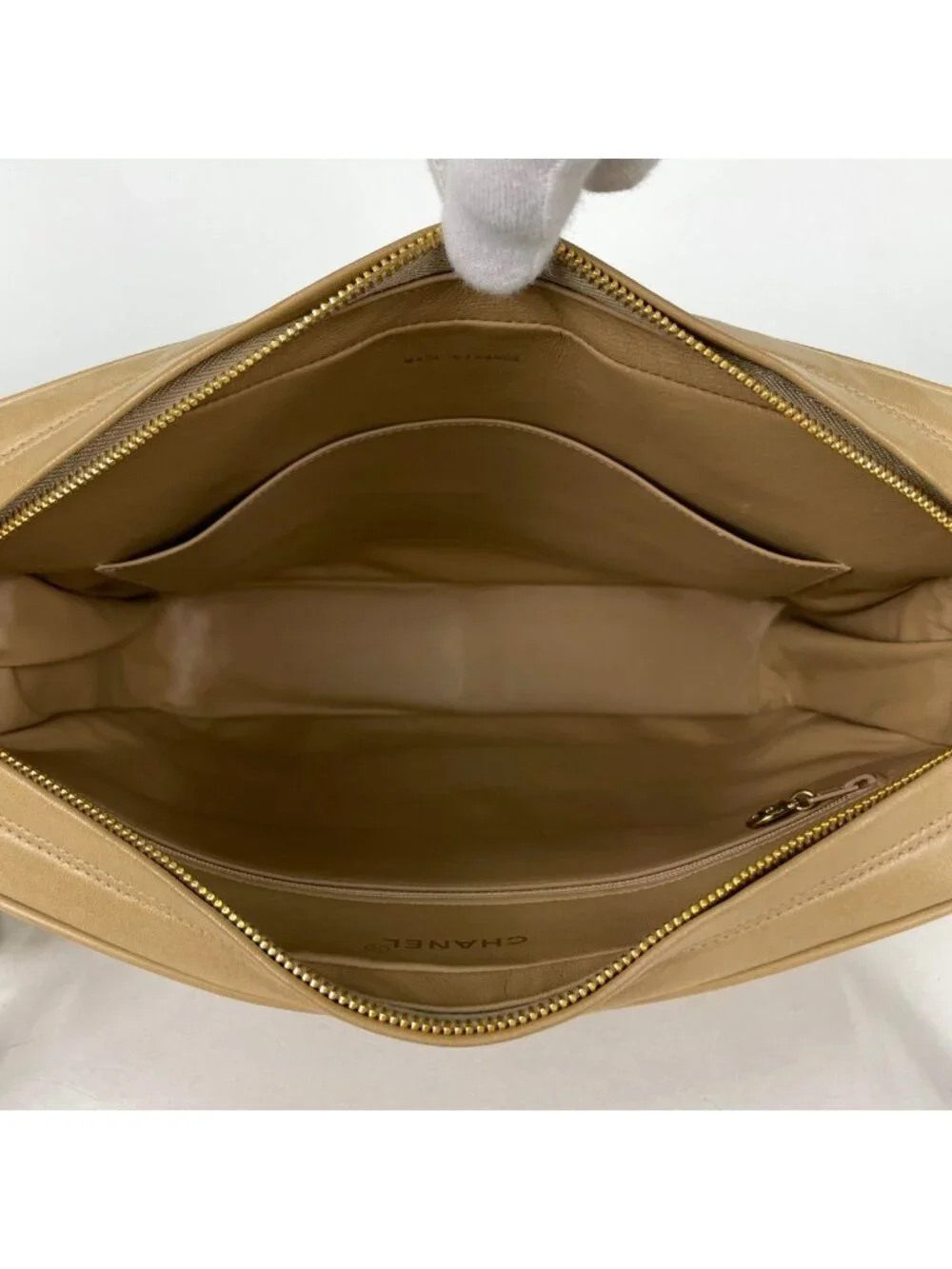 Chanel Shoulder Bag CC Logo Mademoiselle Leather Beige